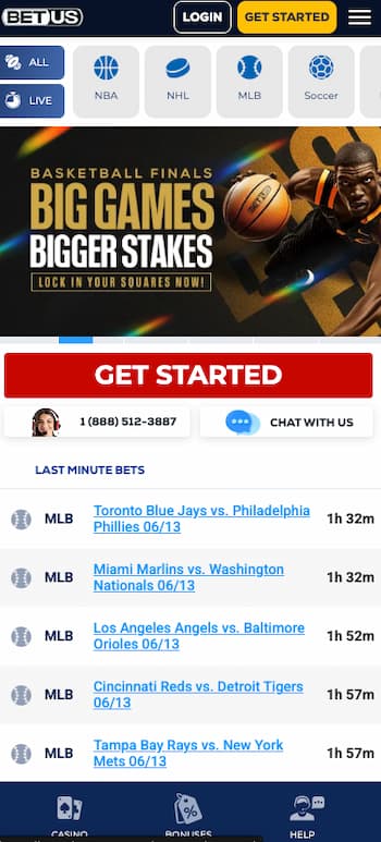 An image of the betting screen from BetUS, one of the best betting apps for sports.